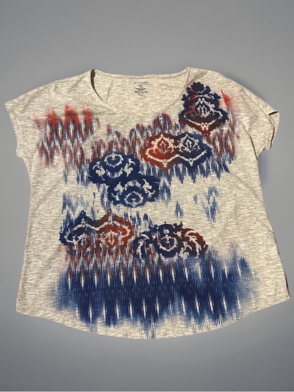 Sonoma Heather Gray Short Sleeve Tee with Navy & Red Print Sz XL